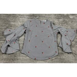 Kontrol Contemporary Top Womens Medium Striped Bellsleeve Floral Embroidered